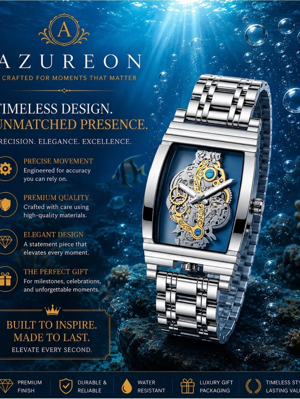 AZUREON Luxury Silver Men’s Watch | Elegant Stainless Steel Timepiece |
